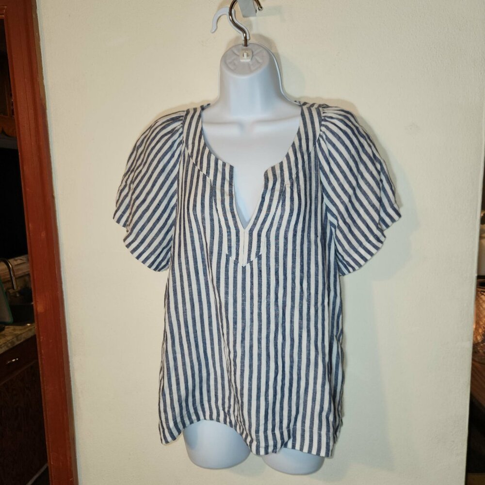 J Crew Blue Stripe 100% Linen Short Sleeve V Neck Popover Top Small Vacation